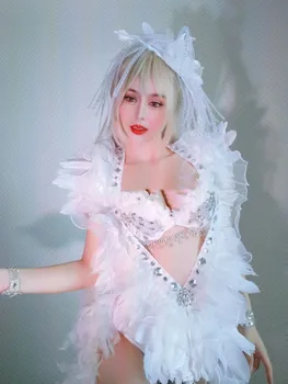 Baras seksuali moteris gogo balta bikini skara sijonas plunksnų šukuosena moterų dainininkė ds šokių komanda