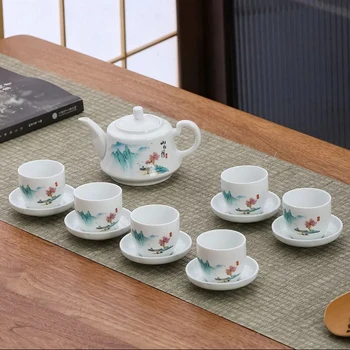 1 arbatinukas 6 puodeliai & lėkštutes Keramikos Kung Fu Arbatos Nustatyti Buitinių Arbatos Puodelio Paprastų Šiuolaikinių Arbata alaus Didelis Balto Porceliano Mažas Teaware