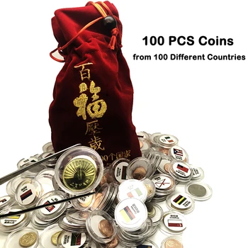 100VNT Monetas iš 100 Skirtingų Šalių, pakuotę, Raudonos spalvos Krepšys Kalėdos naujieji Metai Dovanų Kolekciją Pasaulyje Originalios Monetos Su Vėliava Suvenyrų