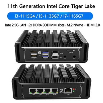 11 Gen Intel Core i7 1165G7 i5-1135G7 Ventiliatoriaus Mini PC 4xIntel i225/i226 2.5 G LAN NVMe Celeron N5105 pfSense Firewall Router