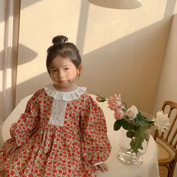 2021 Naują Pavasario Kūdikių Mergaičių Nėrinių Gėlių Princesė Suknelės Korėjos Stiliaus Vaikus, Drabužiai, Žibintų Rankovėmis Kūdikiams, Vaikams, Medvilnės Suknelė
