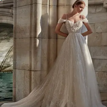 2023 Išskirtinį A-Line Wedding Suknelė Seksualus Off Peties Nėrinių Appliqued Blizgiu Tiulio Nuotakos Suknelė Elegantiškas Backless Vestidos De Novia