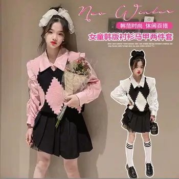 2023 Korėja stiliaus mergaičių 2 vnt. rinkinys reljefiniai rankovėmis marškinėliai+megztus liemenė pavasario medvilnės mados mergaičių kostiumas 5-12t E169
