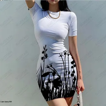 2023 Moterų trumpas rankovėmis apvalios kaklo stora montavimo suknelė su elegantiška temperamentą su paprasta 3D spausdinimo, atsitiktinis moterų suknelė