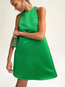 2023 Naujas Moterų Vasaros Suknelė, O Kaklo, Rankovių Šilko Satino Suknelė Žaliai Sexy Linijos, Estetinės Mini Suknelės Moterims Šalis