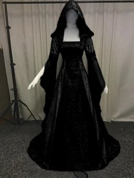 2023 Naujas Viduramžių Ir Renesanso Maxi Suknelės Moterims Helovinas Velnias Pagonių Ragana Vestuvių Kostiumas Su Gobtuvu Suknelė Skraiste Cosplay Kostiumas