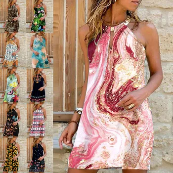 2023 Naują Stilių Metalo Kaklo Montuojamas Suknelė Moterų Mados Atsitiktinis Printed-line Suknelė