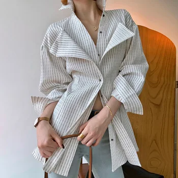 2023 Patogus Atsitiktinis Moterų Marškiniai Pavasario Naujų Lengvųjų Brandus Slim tipo ilgomis rankovėmis Apykaklės angokraščių Mados Dryžuotas Marškinėliai