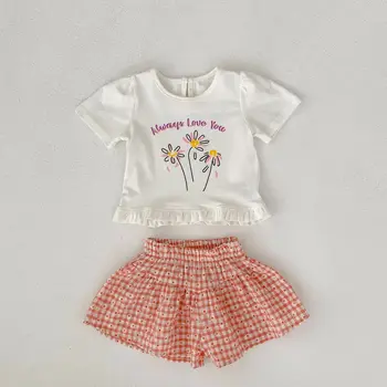 2023 Vasarą Vaikams, Vaikiška Kūdikių Mergaičių Drabužių Rinkiniai Mažų Šviežių Print T-Shirt+Pledas Pločio Kojų Šortai Mergaitėms Dviejų Dalių Medvilnės Kostiumas