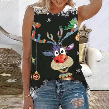 2023 Vasarą nauju Moterų Berankovis Bako Viršuje Kalėdų Santa Claus T-shirt 3D Spausdinimo Paplūdimio Atsitiktinis laisvo Stiliaus Moterų Megztinis Viršų
