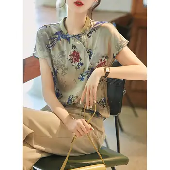 2023 naujas kinų stiliaus moteris olis atsitiktinis dienos šviesą elegantiška palaidinė gėlių spausdinti trumpomis rankovėmis palaidinė moterims vintage marškinėliai