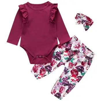 3pcs/set Baby Girl Drabužius ilgomis Rankovėmis Bodysuit + Gėlių Kelnės +Lankelis Naujagimiui Bamblys Drabužių Rinkinys