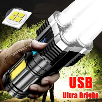 4 Branduolių LED Žibintuvėlis USB Įkrovimo COB Šviesos Kempingas, Žygiai Fakelais Vandeniui Ultra Ryškus Žibintas Lauko Nešiojamų Žibintų