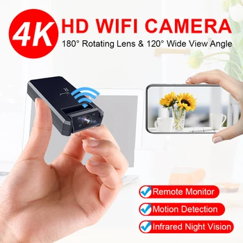 4K Wifi Mini Kamera 180° Pasukti Belaidė IP Kamera HD Naktinio Matymo Namų Vaizdo Stebėjimo Nešiojamų Judesio Aptikimo vaizdo Kamera