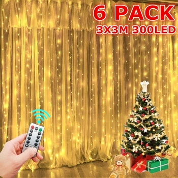 6Pack 300LED Girliandą Užuolaidų Žibintai 8 Režimai USB Nuotolinio Valdymo Pasakų Žibintai Vestuvių naujieji Metai, Kalėdiniai Papuošalai, Namų 2023