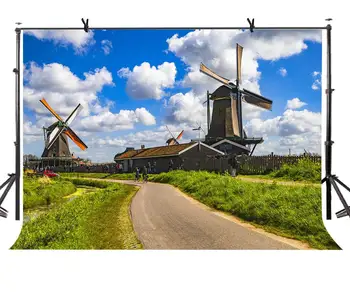 7x5ft Windmill Village Fone olandijos vėjo malūnas Kaimas Gražus Fotografijos Fono ir Studija, Fotografijos Fonas Rekvizitai