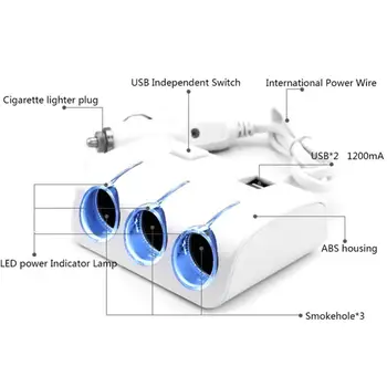 80% 50% Karšto Parduoti 3 Būdas Automobilio Cigarečių Degiklio Lizdo Splitter 2 USB jungtys Maitinimo Adapteris Įkroviklis