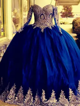 ANGELSBRIDEP Royal Blue Quinceanera Suknelės ilgomis Rankovėmis Su Aukso Appliques Tiulio Nėrinių Vestidos De Fiesta Saldus 16 Šalis Suknelė