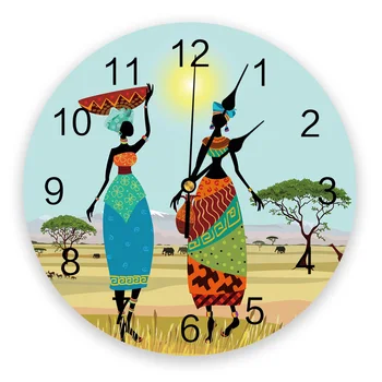 Afrikos Moterų Etninės Žirafa, Dramblys Dekoratyvinis Apvalus Sieninis Laikrodis Individualizuotos Dizainas Ne Pažymint Silent Miegamieji, Didelis Sieninis Laikrodis