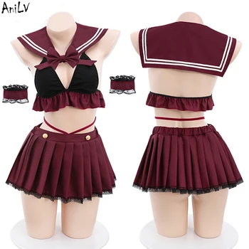 AniLV Japonų Anime Studentų Mergina Mokykloje Vienodus Kostiumus Moterims Sailor Maudymosi Kostiumėlį Cosplay Apranga