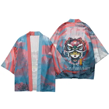 Animacinių Filmų Lion Dance Tigras Spausdinti Gradientas Japonų Kimono Streetwear Harajuku Haori Vyrų, Moterų Megztinis Cosplay Marškinėliai Yukata
