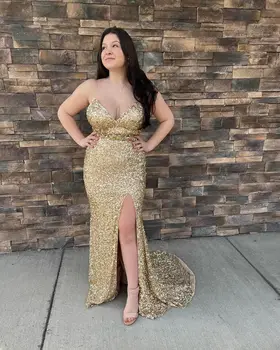 Aukso Blizgučiais Bling Vakarinių Suknelių Plius Dydis 2023 Ilgai Sexy V Kaklo Spageti Dirželis Undinė Aukštos Ritininės Oficialią Šalies Prom Chalatai