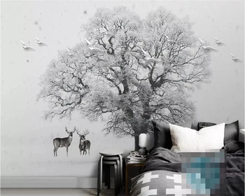 Beibehang Tapetai Šiaurės minimalistinis juodas ir baltas sniegas didelis medis skraidantis paukštis, briedis namų puošybai TV foną 3d tapetai