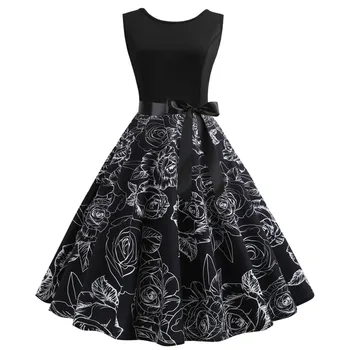 Black Print Elegantiškas Šalis Suknelės Vasarą Moterys 50s 60s Retro Vintage Drabužius, Rockabilly Suknelė Atsitiktinis Paplūdimio Midi Vestidos
