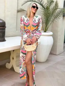 Boho Įkvėpė SPAUSDINTI WRAP DRESS moterų V-kaklo, midi suknelė ilgomis rankovėmis savarankiškai ryšius boho paplūdimio suknelė naują 2022 atostogų vasaros suknelė