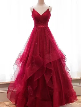 Bordo vakarinę Suknelę Ilgas Elegantiškas Moteris Prom V-Kaklo Šalis Suknelės-Line Tiulio Paprasta vestidos