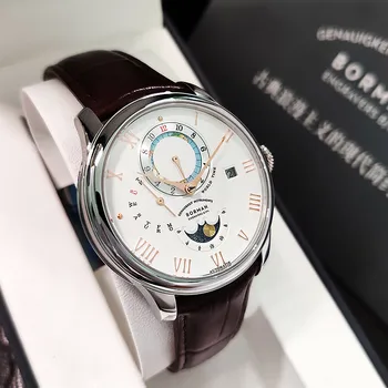 Borman Prabangos Prekės Klasikinis Atuomatic Mechaninė vyriški Žiūrėti Mėnulio Fazės Pasaulio Laikas Žiūrėti Sapphire atsparus Vandeniui 50M Laikrodžiai