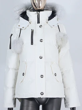 CXFS 2022 m. Žiemos Striukė Moterims Bombonešis Baltųjų Ančių Pūkais Neperšlampamas Kailis tikras Natūralus Lapės Kailio Apykaklė su Gobtuvu Streetwear Naujas Mados