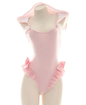 Cute Kačių Ausys Bodysuit Cosplay Lolita Mergina maudymosi kostiumas Sweet Pink Pynimas vientisas maudymosi Kostiumėliai, Backless Neko Gobtuvu apatinis Trikotažas Rinkinys
