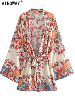 Daugelio Gėlių Spausdinti Varčias, Viskozės, Medvilnės Bohemijos Kimono Moterų Batwing Rankovėmis Happie Trumpas Chalatas, Boho Bikini Danga-ups