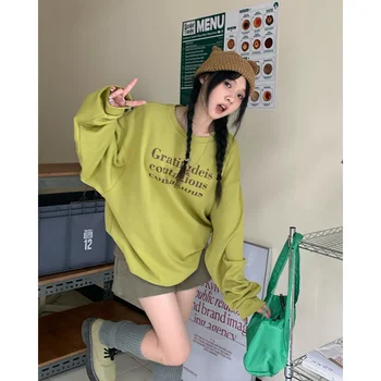 Deeptown Korėjos Stilių, Raidę Spausdinti Žalia Palaidinukė Moterų Harajuku Derliaus Negabaritinių Long Sleeve Top Kpop Streetwear Hipių Viršūnės