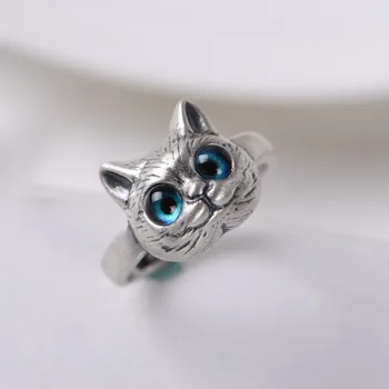 Derliaus animacinių filmų kitten ring moterų madinga unisex rodomojo piršto žiedą, Tailando silver blue eyed katė atidarymo žiedas papuošalai