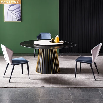 Dizaineris Prabangus turas Marmuro Uolos Plokštė valgomasis stalas nustatyti 8 kėdės mesa de jantar tablo baldai meuble Nerūdijančio plieno aukso bazės