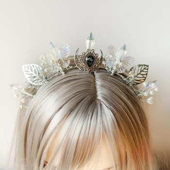 Fairycore Kristalų Drugelis Palieka Elf Hairband Miško Pasakos Haircrown Pagonių Ragana Plaukų Papuošalai moterims