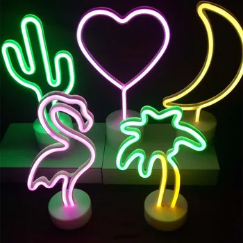 Flamingo Led Neon Light Kokoso Medžio Kaktusas Širdies Formos Lempa Stovi Spalvinga Namų Kambario Dekoracija Kalėdų Naktį šviesos