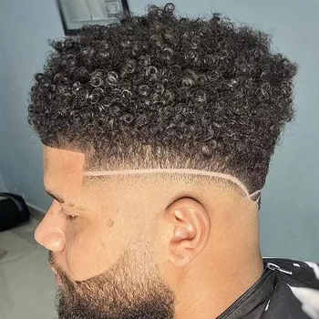 Garbanotas Mens Perukas Hairpieces 15mm Afro Curl Visą PU Toupee Indijos Remy Žmogaus Plaukų Pakeitimo Juodosios Vyrai