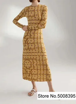Geltona monograma Spausdinti Salou suknelė ilgomis rankovėmis Įrengtas Liesas ILGA SUKNELĖ Apvalios Kaklo Mados moteris 2019ss