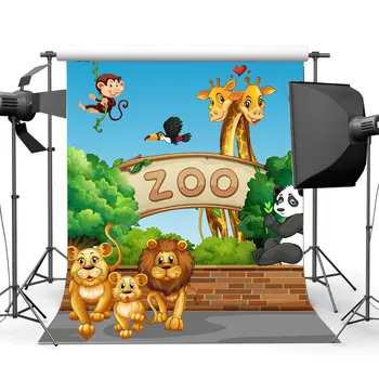 Gyvūnai Zoologijos sode Fone Animacinių filmų Backdrops Tigras, Liūtas Monky ir Žirafa Žalia Medžių Mėlynas Dangus Saldus Fone