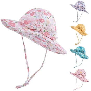 Gėlių Baby Girl Kibiro Kepurę Saldus Bowknot Didelis Kraštų Anti-UV Vaikai Panamos Skrybėlės, Mergaitėms Vėjo Kolonėlė Vaikų Saulė Kepurės