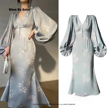 Gėlių Spausdinimo Elegantiškas Suknelės Moterims iki 2023 m. Vasarą Naująjį V-kaklo, ilgomis Rankovėmis Slim Mygtukai Undinė Midi Suknelė Vestidos VP0052