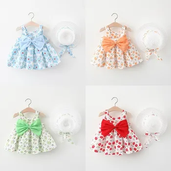 Gėlių Suknelė Baby Girl Drabužiai Saldus Lankas Baby Paplūdimio Suknelės Naujagimiams, Vaikams, Drabužiai, nuo 0 Iki 3 Metų amžiaus Mergina Dress + Hat 2vnt Komplektas