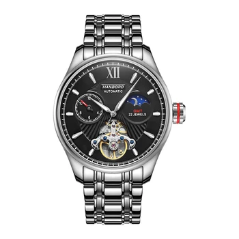 HANBORO Mens Prabangių Laikrodžių 44mm Automatinis laikrodis atsparus Vandeniui Mechaninis Laikrodis Šviesos Skeletas Multi-Funkcijos GMT Mados