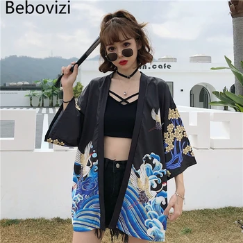 Haori Yukata Megztinis Moterims Japonų Kimono Tradicinių Drabužių Derliaus Krano Anime Kimono Beach Merginos Kimono Suknelė Marškiniai