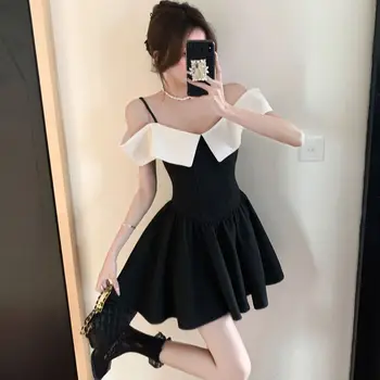 Iki 2023 M. Vasarą Prancūzijos Dizaino Temperamentas Suspender Suknelė Stebėjimo Saldus Juosmens Lieknėjimo Mini Suknelė Fariy Office Lady Šalis Suknelės