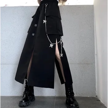 Ilgi Sijonai, Moteriški Gothic Lolita Vasaros Mados Aukštos Juosmens Padalinta Kišenėje Sijonai Harajuku Juoda Streetwear Derliaus 2021