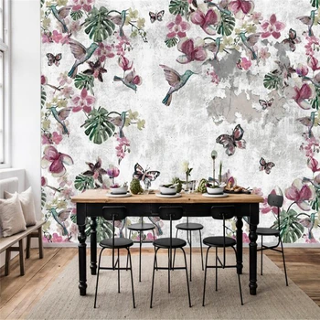 Individualizuotos fono paveikslėlį Europos retro cemento sienos, rankomis dažyti gėlių ir paukščių gyvenimo kambario, miegamasis fone, sienų apdaila dažymas